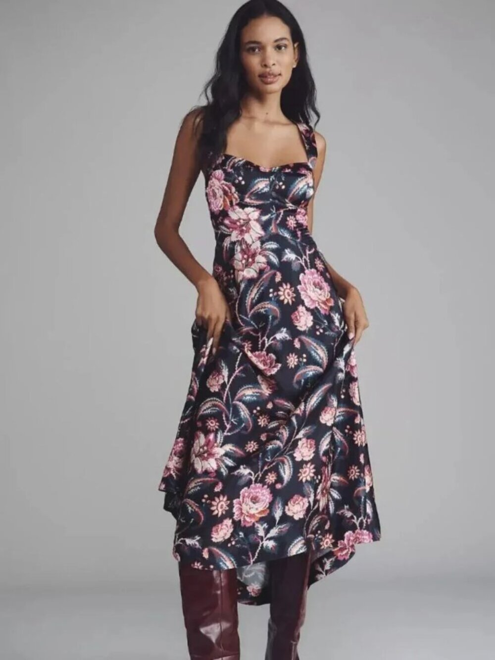 Anthropologie Jocelyn Sleeveless Slip Midi Dress by Maeve, Black Floral, L